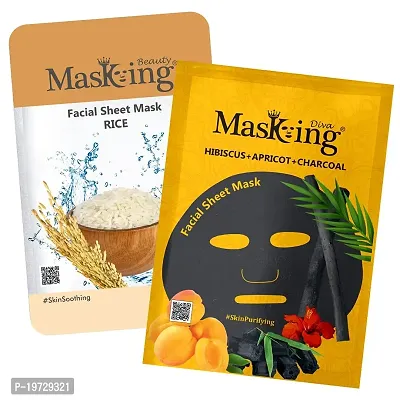 Masking Beauty Facial Sheet Mask of Rice for Skin Soothing 20ml (Pack Of 1)  Masking Diva Hibiscus, Apricot  Charcoal Facial Sheet Mask for Skin Purifying 25ml (Pack Of 1) for Women  Men-thumb0