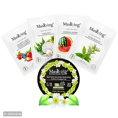 MasKing Bamboo Facial Sheet Mask For Strawberry, Algae, Watermelon  Tea Tree Ideal For Women  Men (Combo Pack of 4) | Diva Night Blooming Nail Polish Remover 30 Round Pads (Pack of 1)