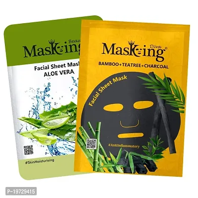 Masking Beauty Diva Facial Sheet Mask Aloe Vera and Bamboo, Tea-tree Charcoal facial Sheet Mask Combo Pack of 02-thumb0