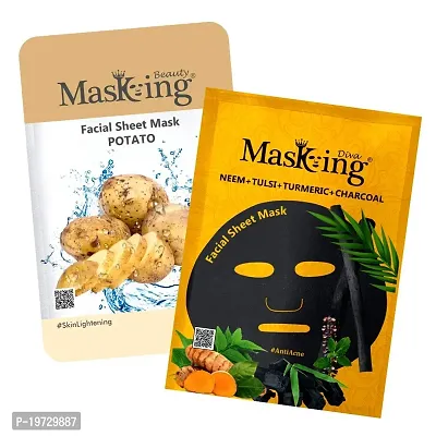 Masking Beauty Facial Sheet Mask of Potato for Skin Lightening 20ml (Pack Of 1)  Masking Diva Neem, Tulsi, Turmeric  Charcoal Facial Sheet Mask for Anti Acne 25ml (Pack Of 1) for Women  Men