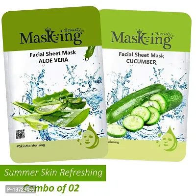 Masking Beauty Summer Facial Sheet Mask for Skin Moisturizing, Skin Lightening, Skin Nourishing, Calming, Fairness of Natural Serum (Aloe Vera and Cucumber) Suitable for Women  Men (Combo of 2)-thumb2