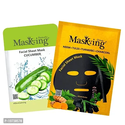Masking Beauty Facial Sheet Mask of Cucumber for Skin Calming 20ml (Pack Of 1)  Masking Diva Neem, Tulsi, Turmeric  Charcoal Facial Sheet Mask for Anti Acne 25ml (Pack Of 1) for Women  Men-thumb0