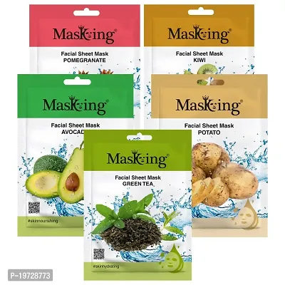 MasKing Beauty Facial Sheet Mask with Real Extract of Pomegranate, Kiwi, Avocado, Potato  Green Tea for Skin Regenerate, Lightening, Nourishing,Glowing  Hydrating for Women  Men, 100ml (Combo Of 5)