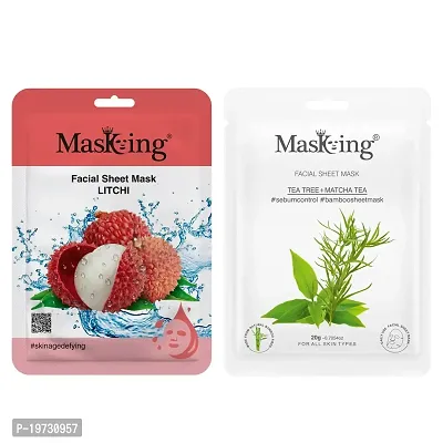 MasKing Beauty Facial Sheet Mask of Litchi (20g)  Bamboo Facial Sheet Mask of Tea Tree  Matcha Tea (20g) Ideal for Women  Men (Combo Pack of 2)