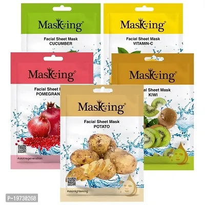 MasKing Beauty Facial Sheet Mask Cucumber, Lemon, Pomegranate, Kiwi  Potato for Skin Calming, Brightening, Regeneration, Glowing  Lightening for Women Men, 100ml (Combo Of 5)