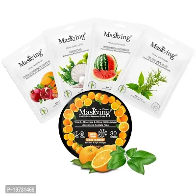 MasKing Bamboo Facial Sheet Mask For Papaya, Algae, Watermelon  Tea Tree Ideal For Women  Men (Combo Pack of 4) | Diva Orange Nail Polish Remover 30 Round Pads (Pack of 1)