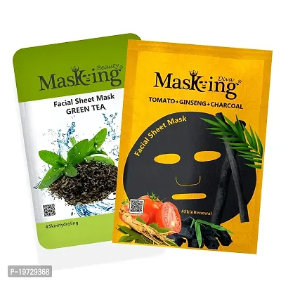 Masking Beauty Facial Sheet Mask of Green Tea for Skin Hydrating 20ml (Pack Of 1)  Masking Diva Tomato, Ginseng  Charcoal Facial Sheet Mask for Skin Renewal 25ml (Pack Of 1) for Women  Men