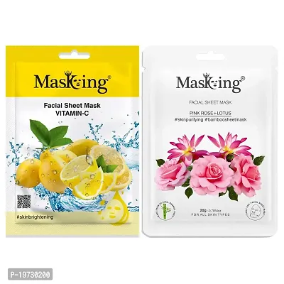 MasKing Beauty Facial Sheet Mask of Lemon (20g)  Bamboo Facial Sheet Mask of Pink Rose  Lotus (20g) Ideal for Women  Men (Combo Pack of 2)