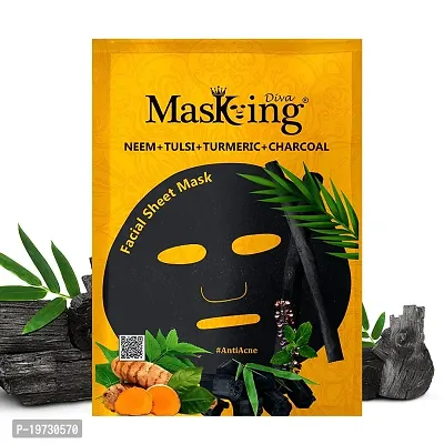 Masking Beauty Facial Sheet Mask of Cucumber for Skin Calming 20ml (Pack Of 1)  Masking Diva Neem, Tulsi, Turmeric  Charcoal Facial Sheet Mask for Anti Acne 25ml (Pack Of 1) for Women  Men-thumb2