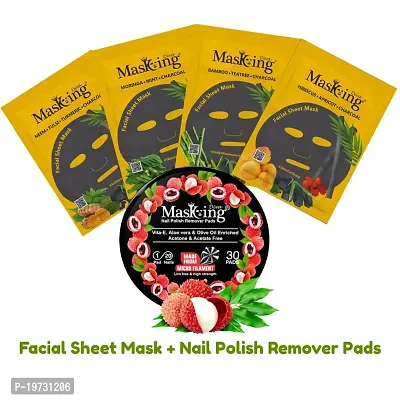 MasKing Diva Charcoal Facial Sheet Mask For Anti Acne, Glowing, Anti Inflammatory  Skin Purifying Ideal For Women  Men (Combo Pack of 4) | Diva Litchi Nail Polish Remover 30 Round Pads (Pack of 1)