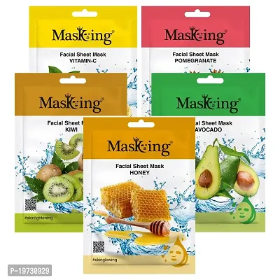 MasKing Beauty Facial Sheet Mask Lemon, Pomegranate, Kiwi, Avocado  Honey for Skin Brightening  Glowing for Women  Men, 100ml (Combo Of 5)