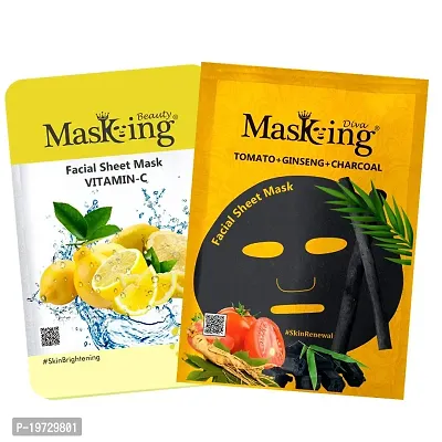 Masking Beauty Facial Sheet Mask of Vitamin-C for Skin Brightening 20ml  Masking Diva Tomato, Ginseng  Charcoal Facial Sheet Mask for Skin Renewal 25ml for Women  Men (combo Pack Of 2)-thumb0