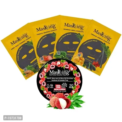 MasKing Diva Charcoal Facial Sheet Mask For Anti Acne, Skin Renewal, Glowing  Skin Purifying Ideal For Women  Men (Combo Pack of 4) | Diva Litchi Nail Polish Remover 30 Round Pads (Pack of 1)