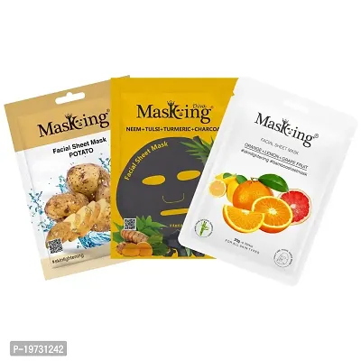 MasKing Beauty Facial Sheet Mask | Natural Bamboo Fiber Mask | Charcoal Mask | Potato, Orange, Neem, Tulsi  Turmeric | For Skin Lightening | Pack of 3-thumb0