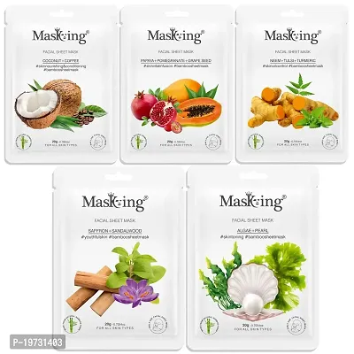 MasKing Bamboo Facial Sheet Mask of Coffee, Papaya, Neem, Saffron  Algae Ideal for Women  Men, 100ml (Combo Pack of 5)-thumb0