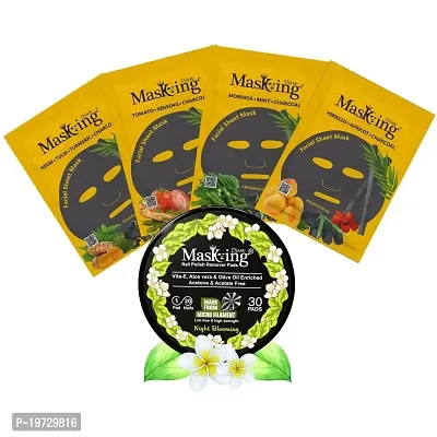 MasKing Diva Charcoal Facial Sheet Mask For Anti Acne, Skin Renewal, Glowing  Purifying Ideal For Women  Men (Combo Pack of 4) | Diva Night Blooming Nail Polish Remover 30 Round Pads (Pack of 1)