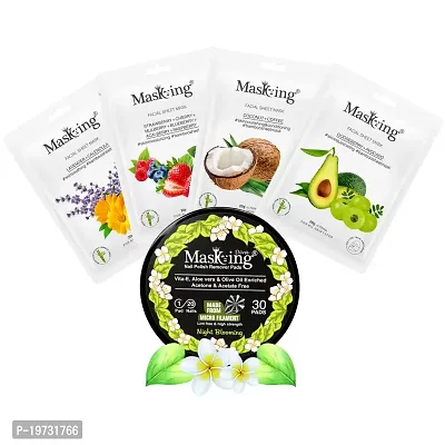 MasKing Bamboo Facial Sheet Mask For Lavender, Strawberry, Coconut  Gooseberry Ideal For Women  Men (Combo Pack of 4) | Diva Night Blooming Nail Polish Remover 30 Round Pads (Pack of 1)