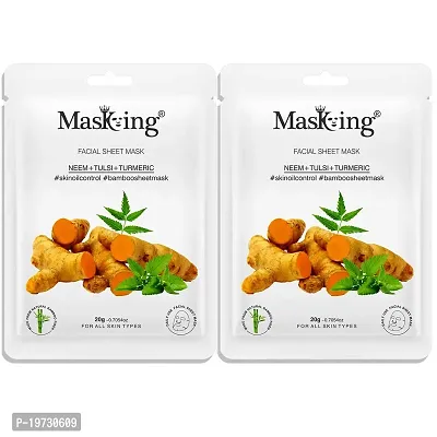 MasKing Bamboo Facial Sheet Mask of Neem, Tulsi  Turmeric for Skin Oil Control Ideal for Women  Men, 20ml each (Pack of 2)