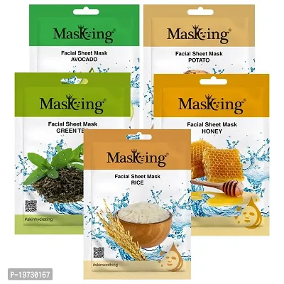 MasKing Beauty Facial Sheet Mask Avocado, Potato, Green Tea, Honey  Rice for Skin Nourishing, Lightening, Hydrating, Glowing  Soothing for Women  Men, 100ml (Combo Of 5)