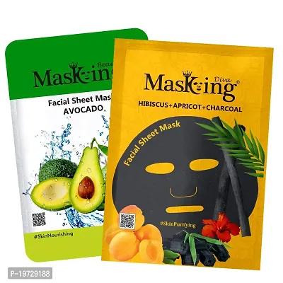 Masking Beauty Facial Sheet Mask of Avocado for Skin Nourishing 20ml (Pack Of 1)  Masking Diva Hibiscus, Apricot  Charcoal Facial Sheet Mask for Skin Purifying 25ml (Pack Of 1) for Women  Men