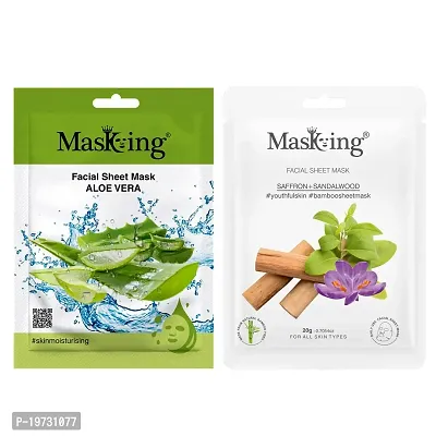 MasKing Beauty Facial Sheet Mask of Aloe Vera (20g)  Bamboo Facial Sheet Mask of Saffron  Sandalwood (20g) Ideal for Women  Men (Combo Pack of 2)