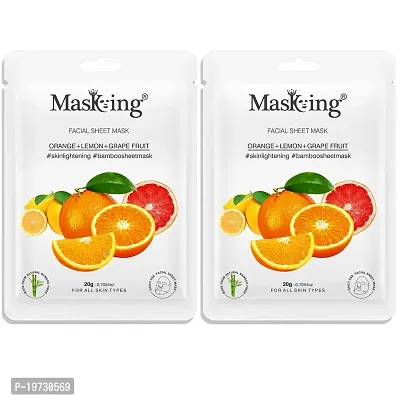 MasKing Bamboo Facial Sheet Mask of Orange, Lemon  Grapefruit for Skin Lightening Ideal for Women  Men, 20ml each (Pack of 2)