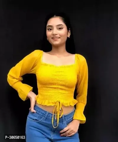 Elegant Yellow Georgette Solid Top For Women-thumb0