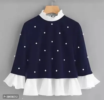 Elegant Blue Crepe Polka Dot Print Top For Women-thumb0