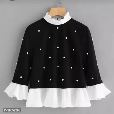 Elegant Black Crepe Polka Dot Print Top For Women