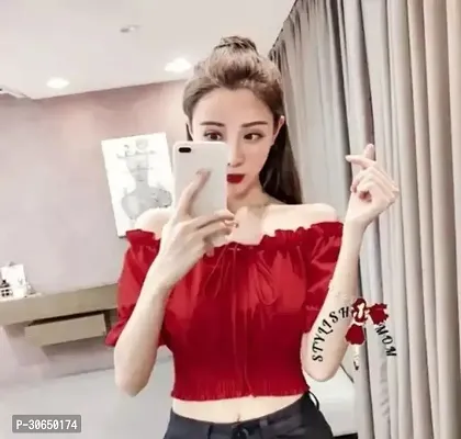 Elegant Red Crepe Solid Top For Women