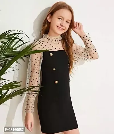 Pretty Black Polyester Blend Solid Dress For Girls-thumb0