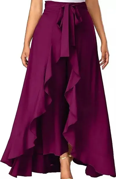 VICHITA Women's Ruffel Pants Split High Waist Maxi Long Crepe Plazzo|Overlay Pants Skirt for Girls [ 28 to 38 Waist Size}