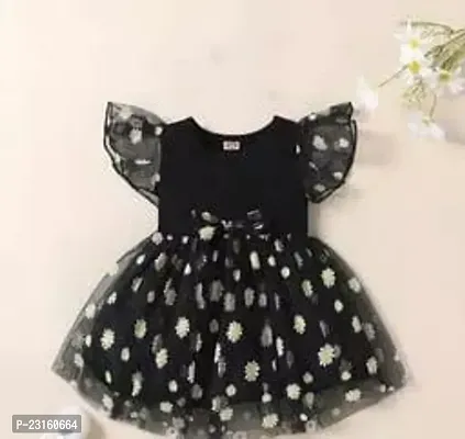 Pretty Black Cotton Blend Printed Dress For Girls