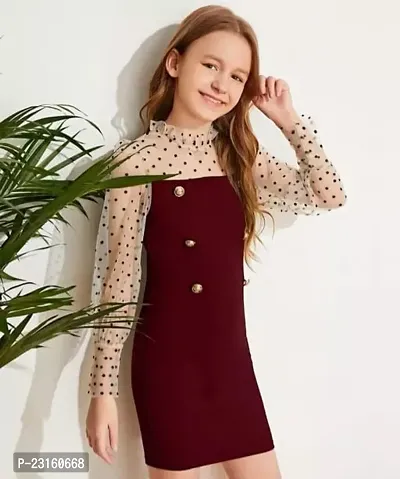 Pretty Maroon Polyester Blend Solid Dress For Girls-thumb0