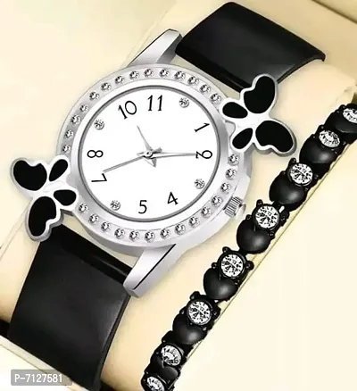 Stylish White PU Analog Watches With Bracelet Combo For Women
