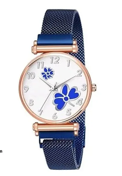 Talgo Analogue White Dial Flower Design and Blue Manget Starp Watch for Girl's and Women Pack of -1