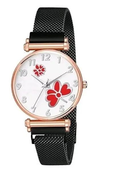 Talgo Analogue White Dial Flower Design Color Red and Black Manget Starp Watch for Girl's and Women Pack of -1