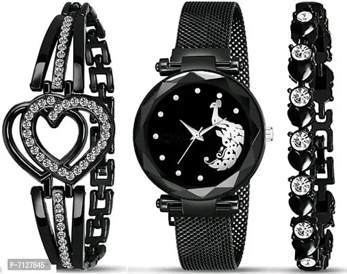 Stylish Black Metal Analog Watches With Bracelet Combo For Women-thumb0