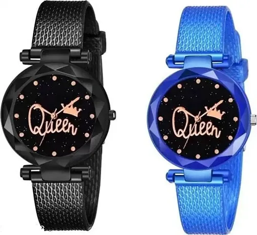 Analogue Queen Dial Pack of 2 Combo PU Strap Analog Watches for Girls and Women (Pack of 2) (Black and Purple)