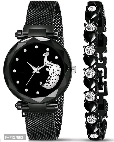 Stylish Black Metal Analog Watches With Bracelet Combo For Women