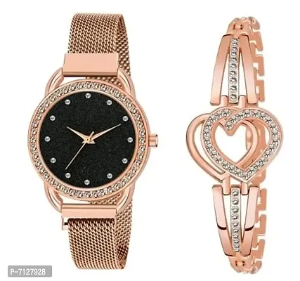 Stylish Black Metal Analog Watches With Bracelet Combo For Women