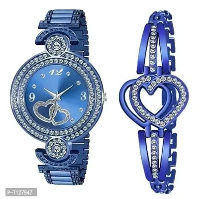 Stylish Blue Metal Analog Watches With Bracelet Combo For Women