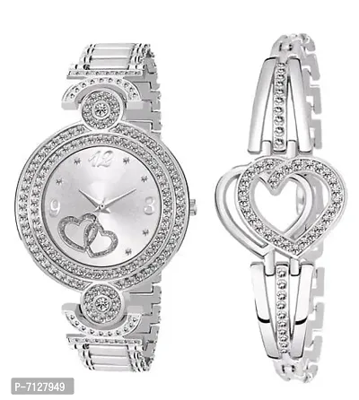 Stylish Silver Metal Analog Watches With Bracelet Combo For Women