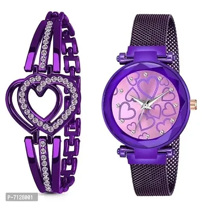 Stylish Purple Metal Analog Watches With Bracelet Combo For Women