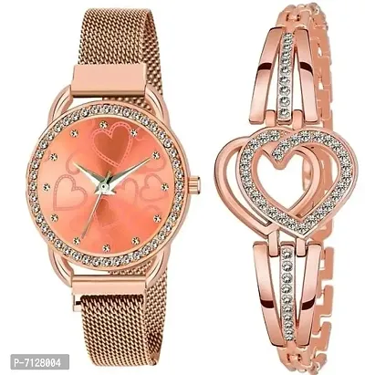 Stylish Golden Metal Analog Watches With Bracelet Combo For Women-thumb0