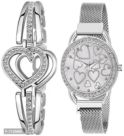 Stylish Silver Metal Analog Watches With Bracelet Combo For Women