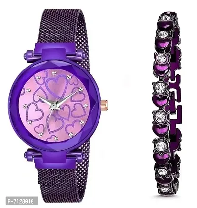 Stylish Purple Metal Analog Watches With Bracelet Combo For Women-thumb0