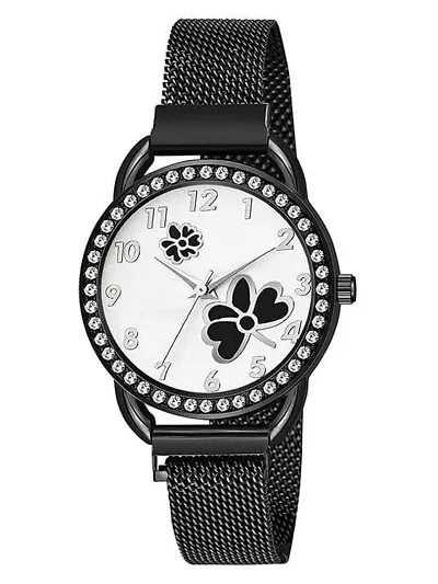 KIARVI GALLERY Casual Analogue Flower Dial Full Diamond Designer Magnetic Metal Strap Analog Girl's and Women's Watch (Black Colored Strap) (Black-Black)