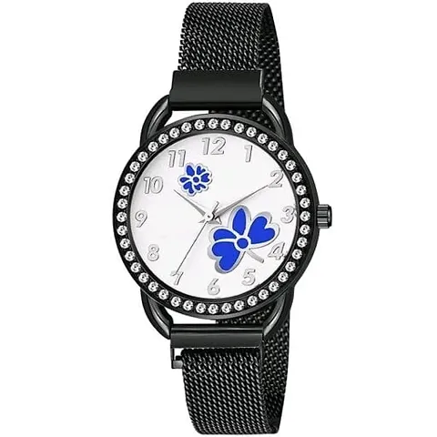 KIARVI GALLERY Casual Analogue Flower Dial Full Diamond Designer Magnetic Metal Strap Analog Girl's and Women's Watch (Black Colored Strap) (Black-Purple)