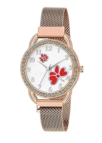 KIARVI GALLERY Casual Analogue Flower Dial Full Diamond Designer Magnetic Metal Strap Analog Girl's and Women's Watch (Rose Colored Strap) (Rose -Red)